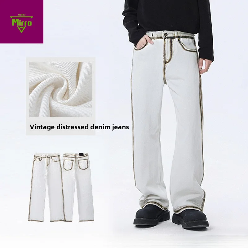 

【Mirrordust】Джинсы в американском стиле с распылением, модные уличные брюки в стиле Y2K, нишевый дизайн, прямые брюки в стиле ретро для мужчин