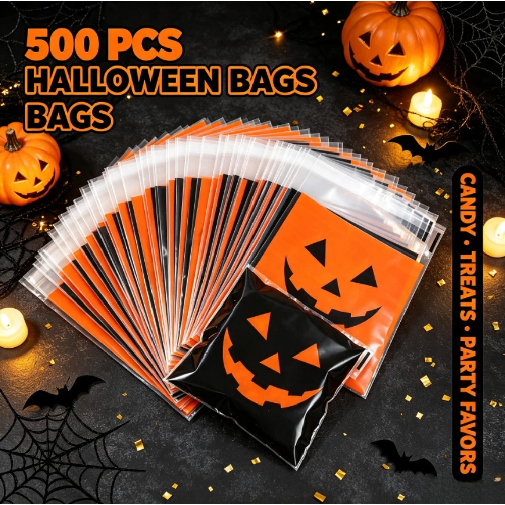 500 Stück Deluxe Halloween-Ziplock-Beutel in Schwarz und Orange mit bösen Kürbismotiven, Aufbewahrungsbeutel für Süßigkeiten und Backwaren, Feiertagsdekoration und Geschenke – Detail 4
