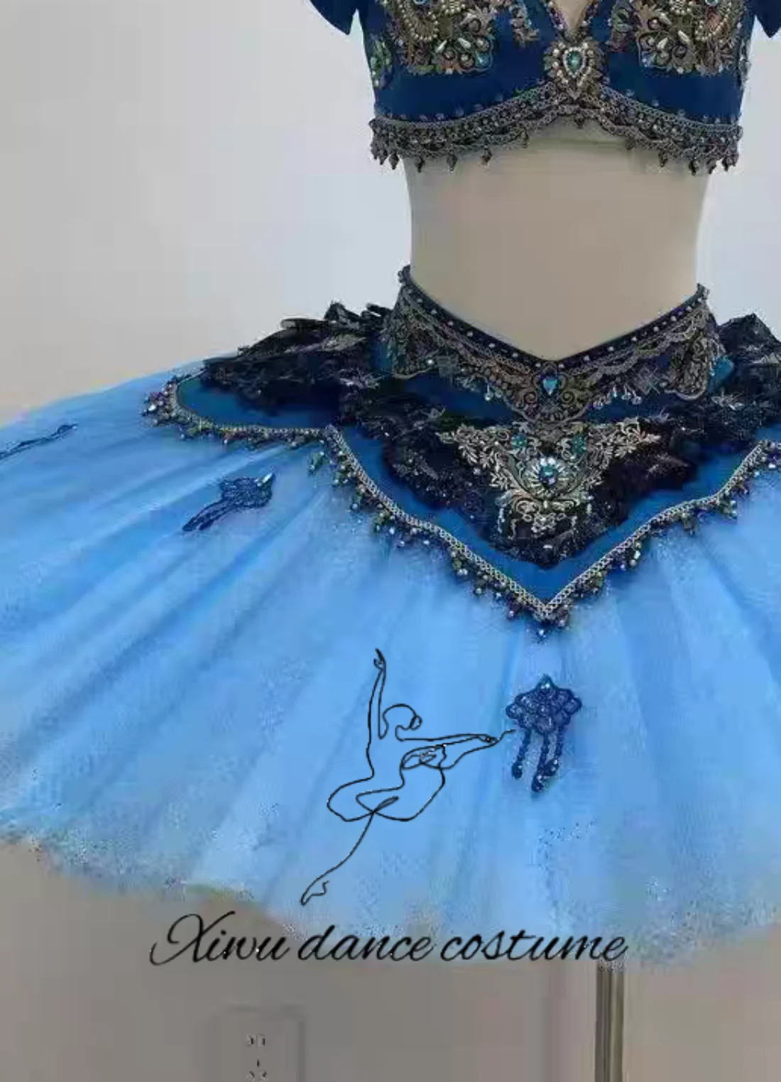 Costume de spectacle de ballet, haut bleu foncé, jupe Tutu bleu clair