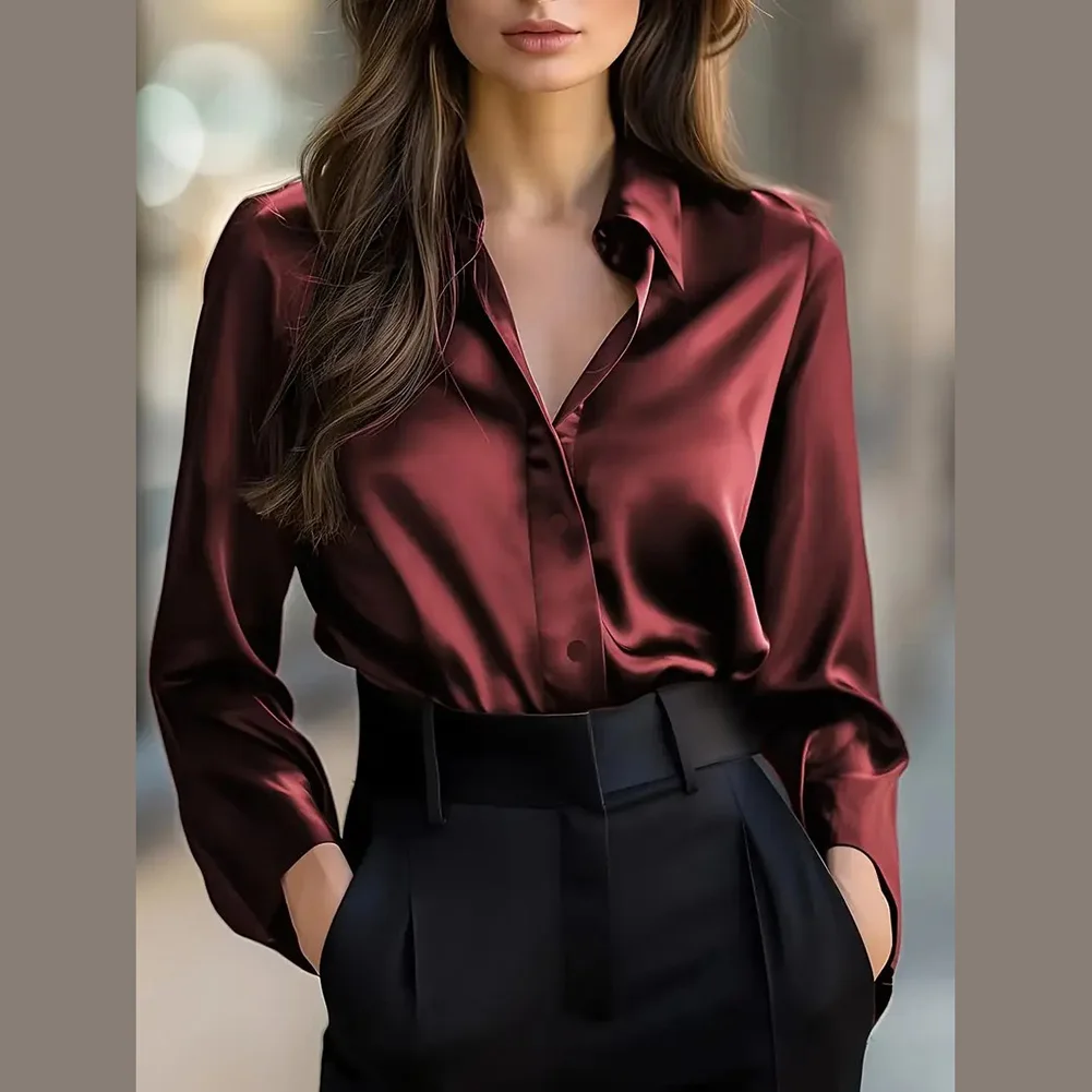 

Work and Office Satin Shirt for Women with Slim Fit Long Sleeves and Button Up Front Perfect for Multiple Seasons
