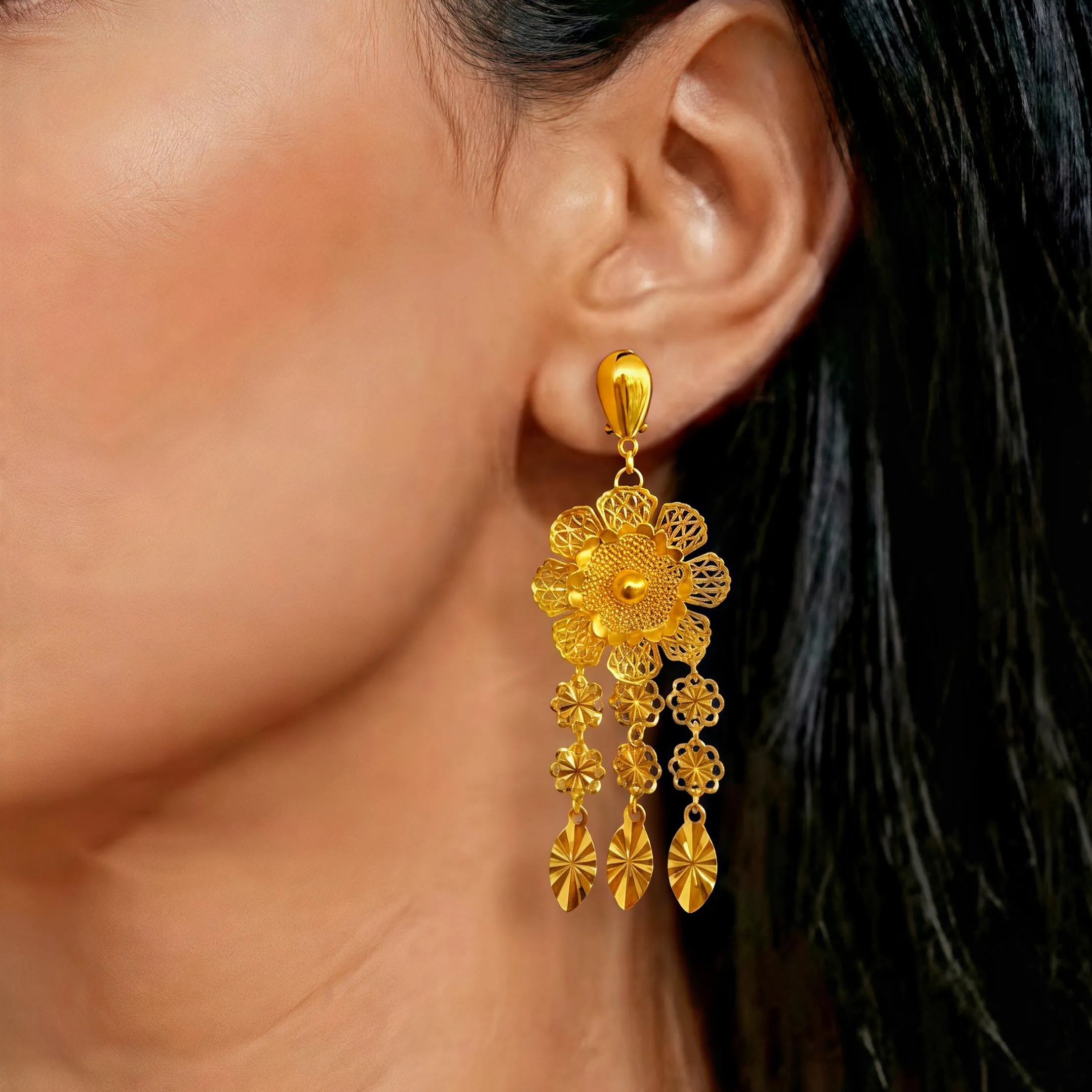 Luxuriöses Indisches 24k Goldfarbenes Langes Blumen-Halsketten- und Ohrring-Set für Bräute, Dubai Äthiopischer Schmuck, Ohrringe für Bankette und Geschenke – Detail 3