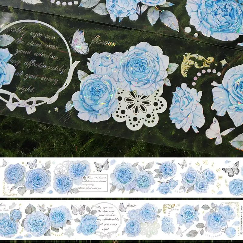 רקע יומן מבריק פרחוני בצבע צהוב כחול ורד PET Washi Tape