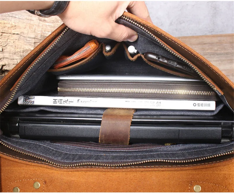 Porte-documents vintage en cuir véritable naturel pour hommes, sac à main en cuir de cercle de cheval fou, sacs de messager à bandoulière, travail à