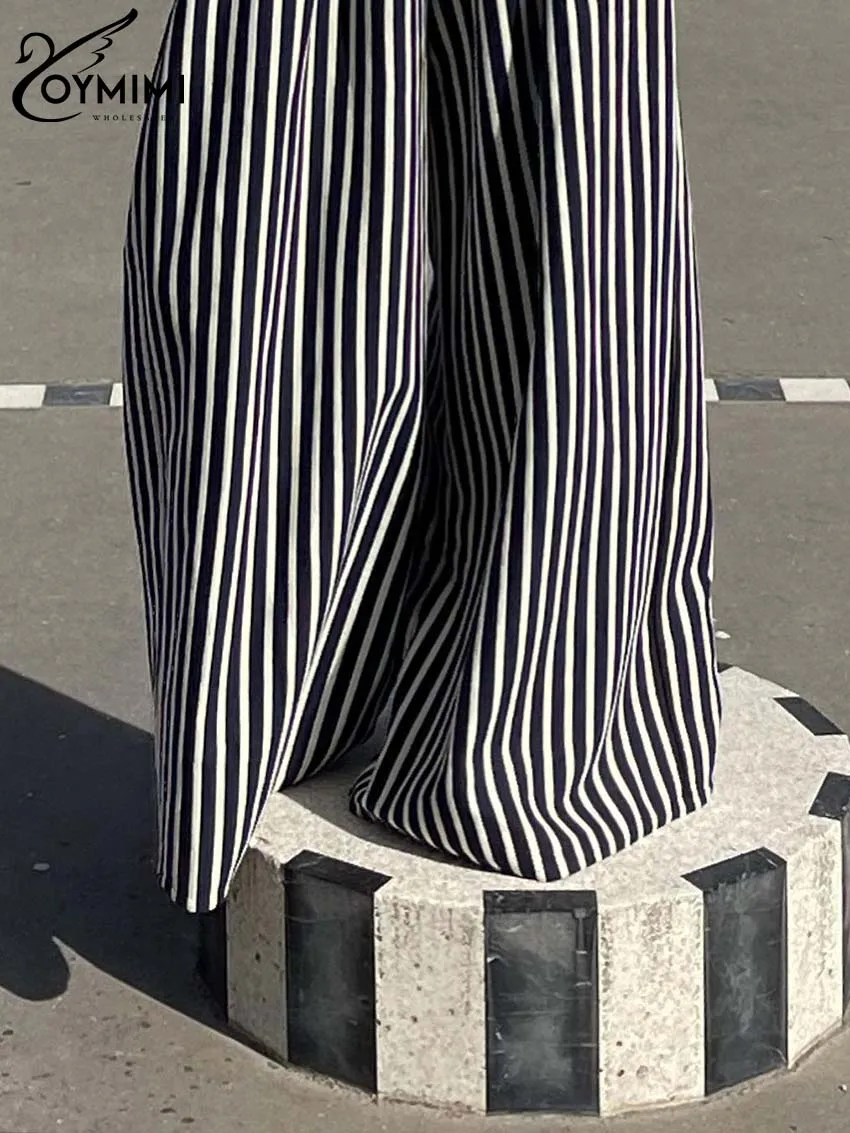 Oymimi Fashion Black Striped Print Women\'s Pants Elegant High Waist Loose Trousers Casual Straight Full Length Pants Streetwear