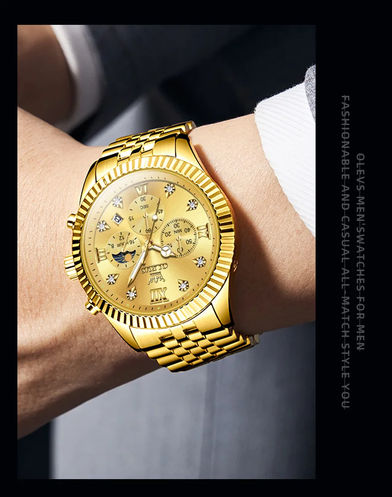 OLEVS 2932 High End Men's Watch Classic Lunar Phase Waterproof Stainless Steel Chronograph Watch Luxury Brand Quartz Men's Watch
