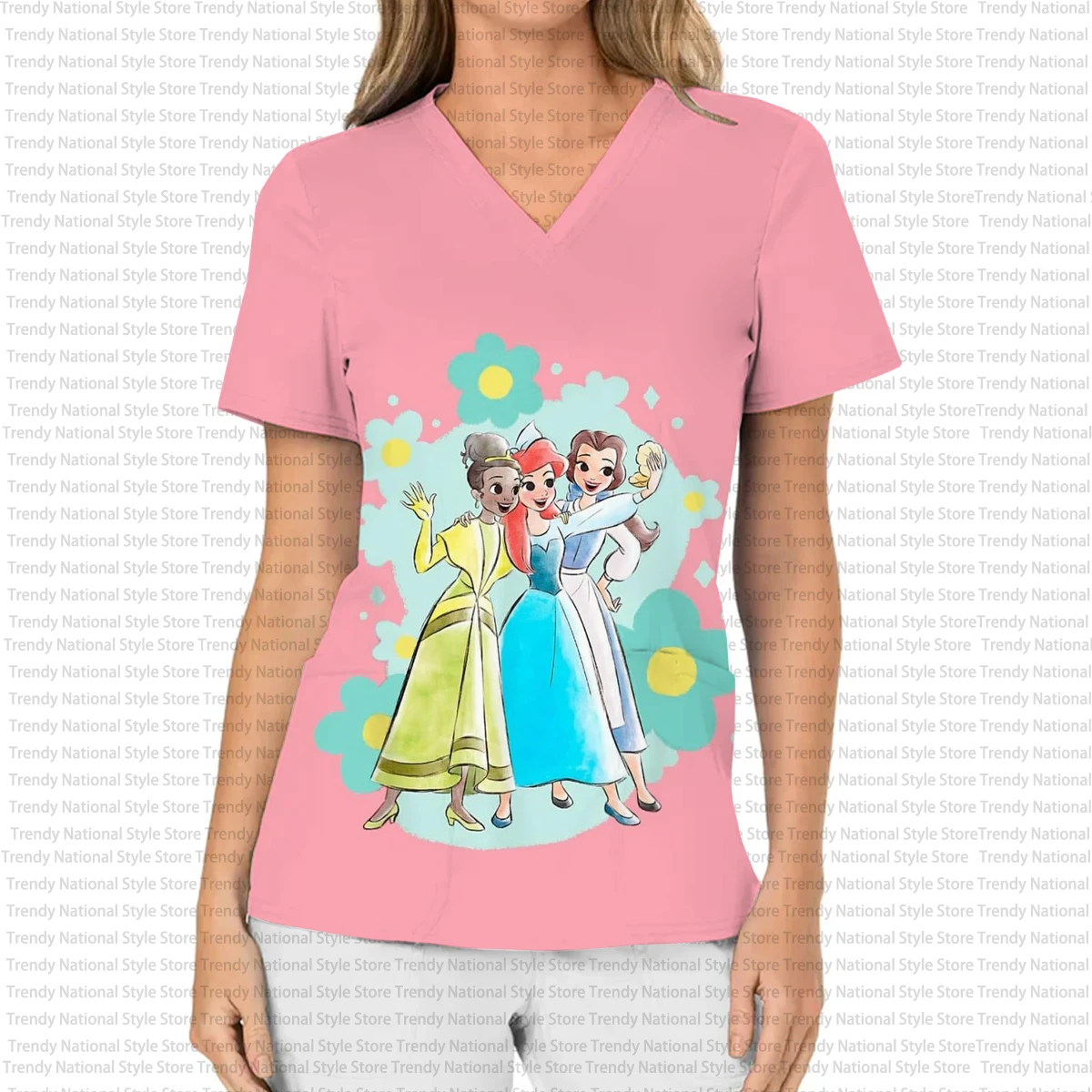 تي شيرت نسائي جديد بلوري برقبة على شكل حرف V مع طباعة أميرات ديزني - عيادة الأسنان، متجر الحيوانات الأليفة، بدلة ركاب، زي ممرضة المستشفى #3