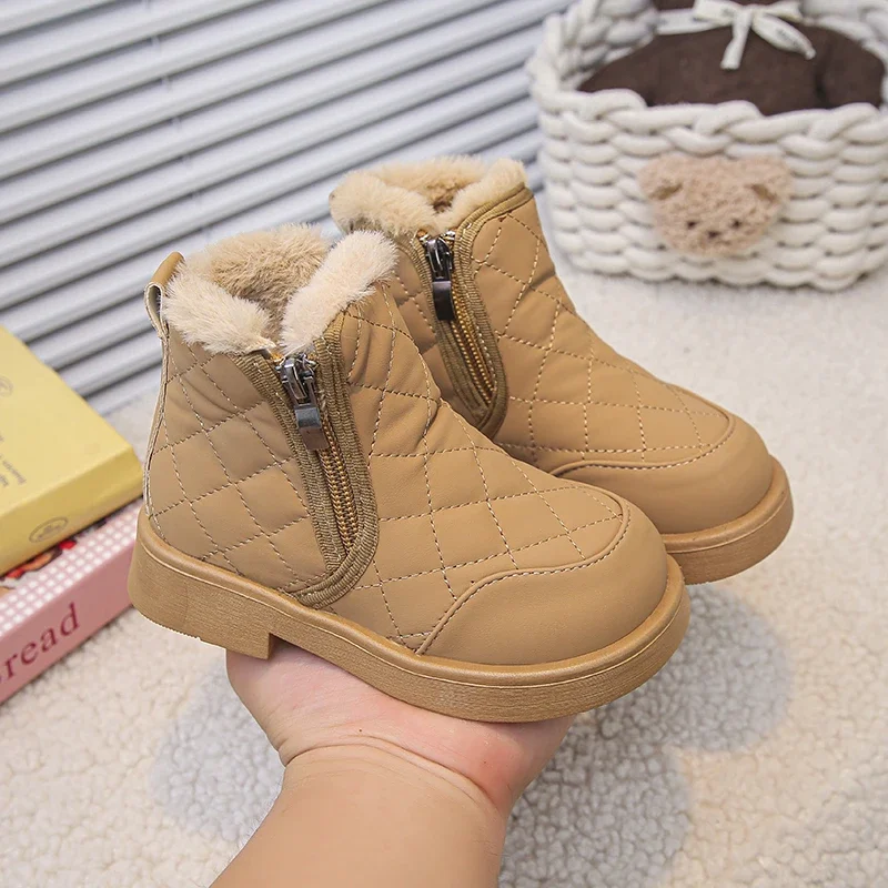 Kids Quilted Ankle Snow Boots, Side Zipper Fuzzy Fleece Collar Thick Warm Lining Non‑Slip Thick Sole Winter Girls Short Boots