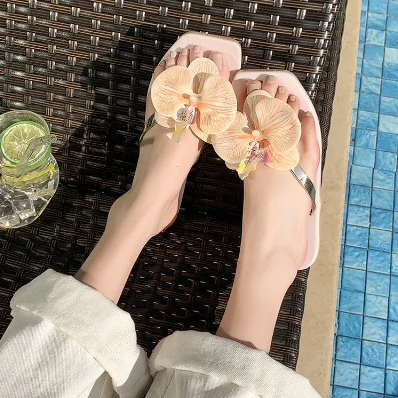 

Summer New Butterfly Orchid Floral Flat Bottom Sandals Women's Holiday Casual Slippers Beach Shoes Comfortable Slides