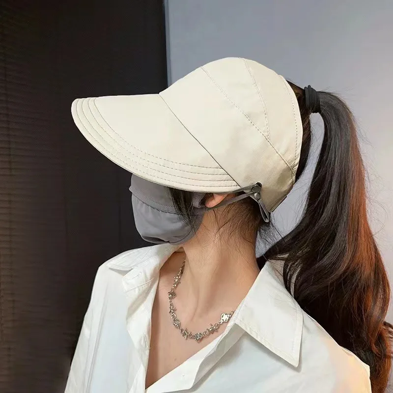 Korean Women Empty Top Sun Hat Mask Hanging Ponytail Cap Solid Color Foldable Suncreen Sunshade Bonnet Female Summer Visor gorra