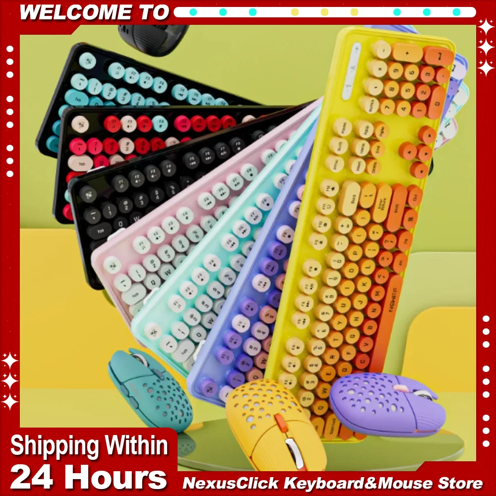 

104Keys 2.4G Wireless Keyboard Mouse Set Gaming Ergonomic Colorful Retro Round Keycap Keyboard Mouse Combo for Laptop Desktop