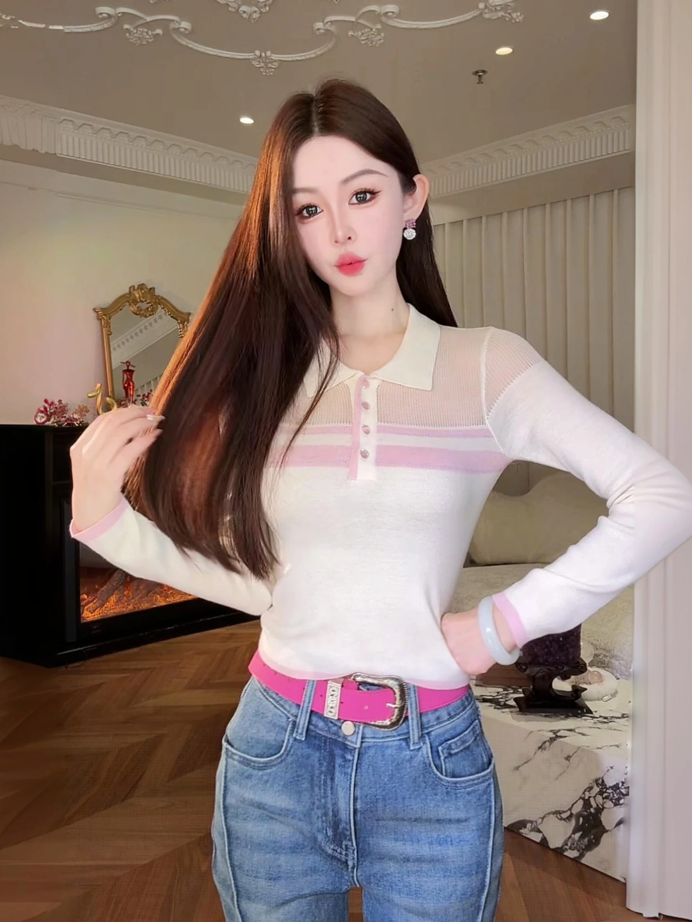 

Вязаный топ Ele с металлическими пуговицами, приталенный, из мягкой австралийской шерсти, модный, приятный к телу, женский свитер с длинными рукавами