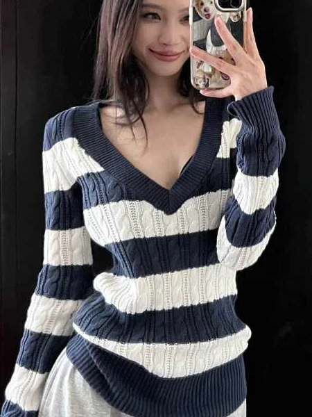

Women's Long Sve V-Ne Knitted Base irt Slim Fit Stripe Patterned Inner Wear Layering Top Autumn Winter Faion Commute