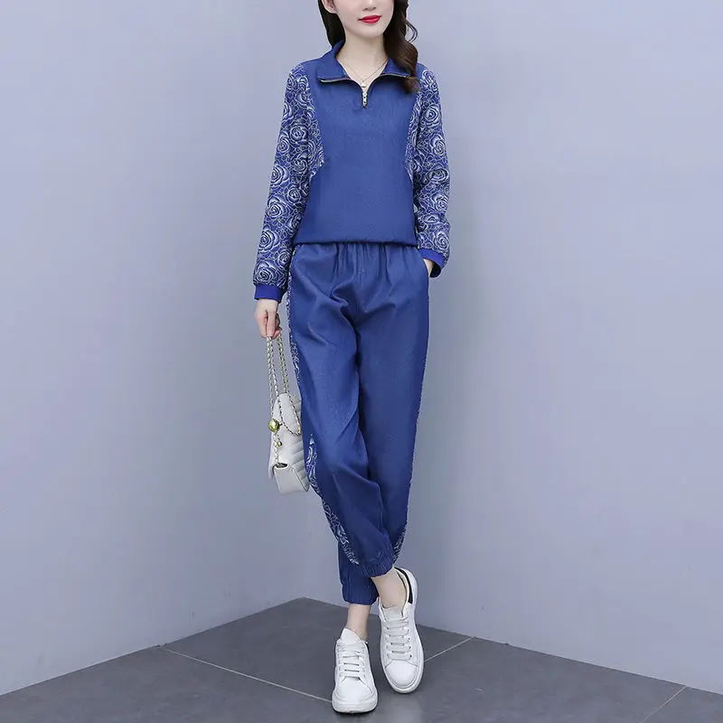 Spring Autumn 2-piece Denim Casual Suit Female Trend Korean Loose Long-sleeved Print Tops+Pants Women's 2-piece Clothing Sets