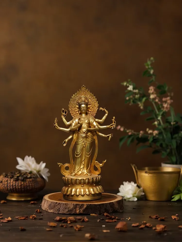 Old Bronze Gilded High Relief Respectful Mother Buddha 8 arms Guanyin Standing Buddha backlight Lotus Buddha Terrace