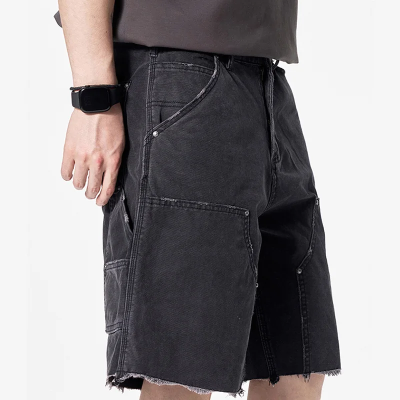 American High Street Shorts Jeans for Men Summer Streetwear Loose Straight Casual Hip Hop Washed Denim Cargo Jeans Shorts Jorts