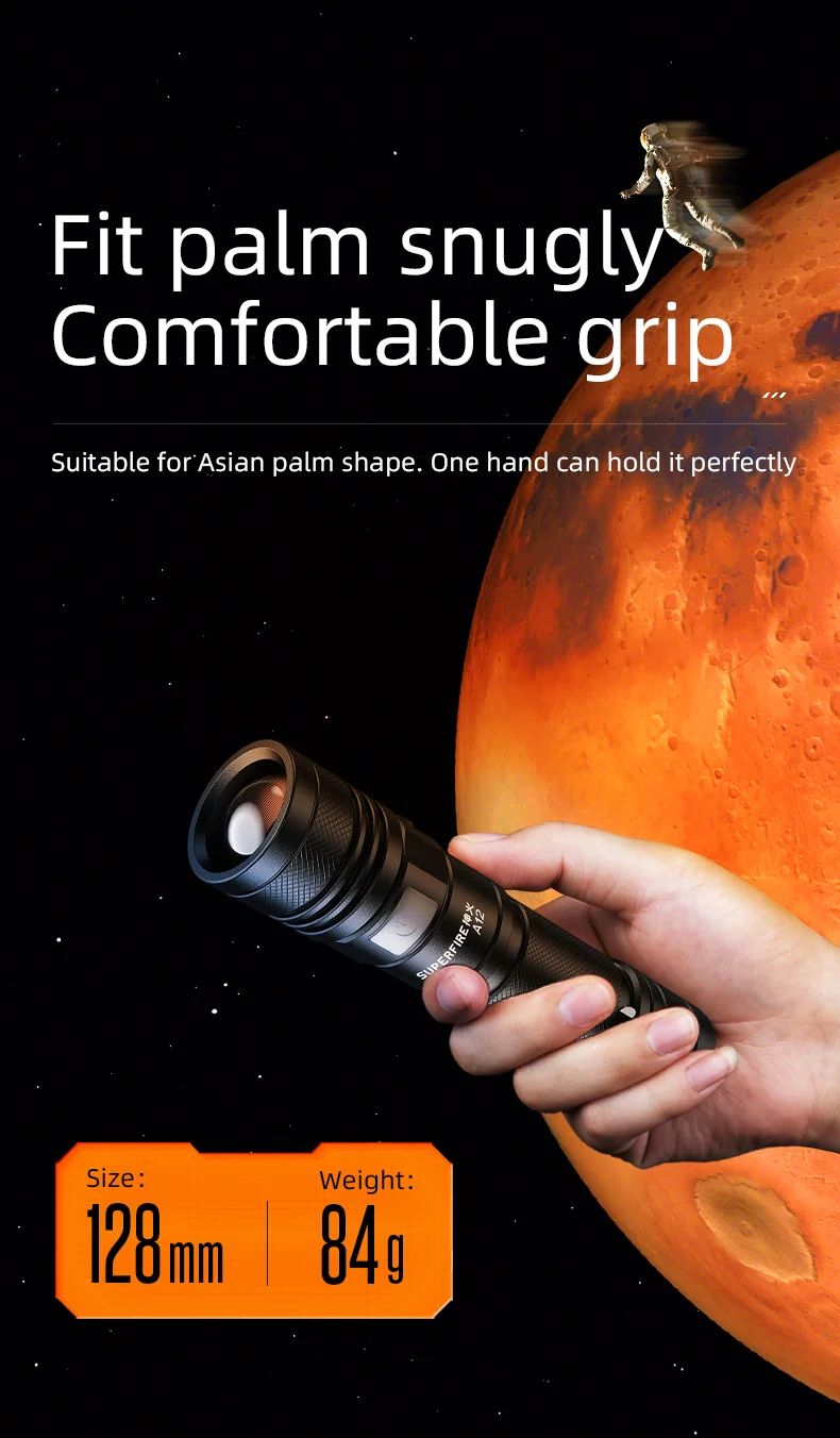 SUPERFIRE A12 Hochleistungs-LED-Taschenlampe, USB wiederaufladbar, zoombar, taktische Taschenlampe, 5 Modi, wasserdicht, für Outdoor-Angellaterne – Detail 11