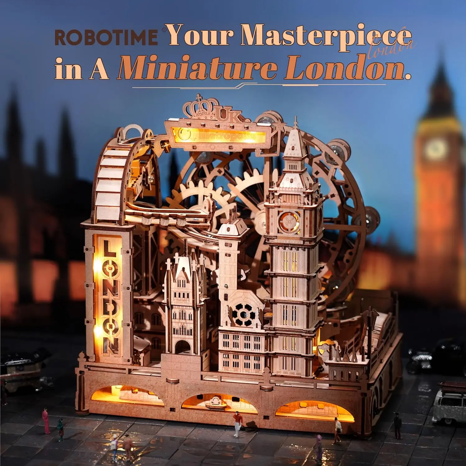 Robotime Rokr 3D Puzzles en bois ville de Londres Miniature marbre course jouets de construction bricolage Pinball Machine modèle Kits Gear Ball Challeng