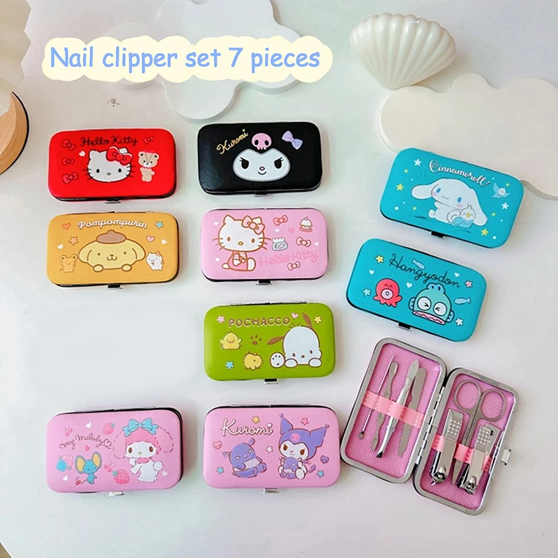 7Pcs/box Kawaii Sanrio Hello Kitty Nail Clipper Set Ear Pick Tweezers W/ Melody Kuromi Cinnamoroll Packing Box Manicure Set