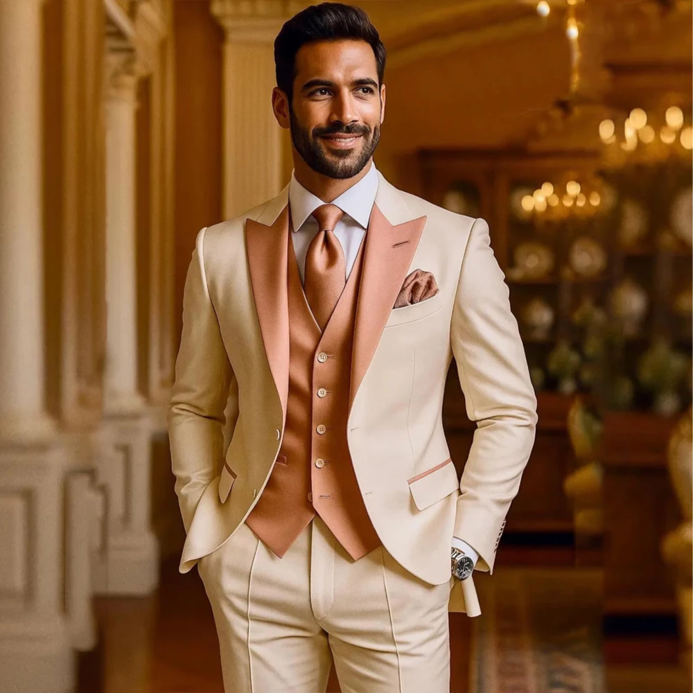 

High Quality Men Suits 3 Pieces Peaked Lapel Single Breasted Wedding Suit Tuxedo Prom Slim Fit Office Business Blazer Customized