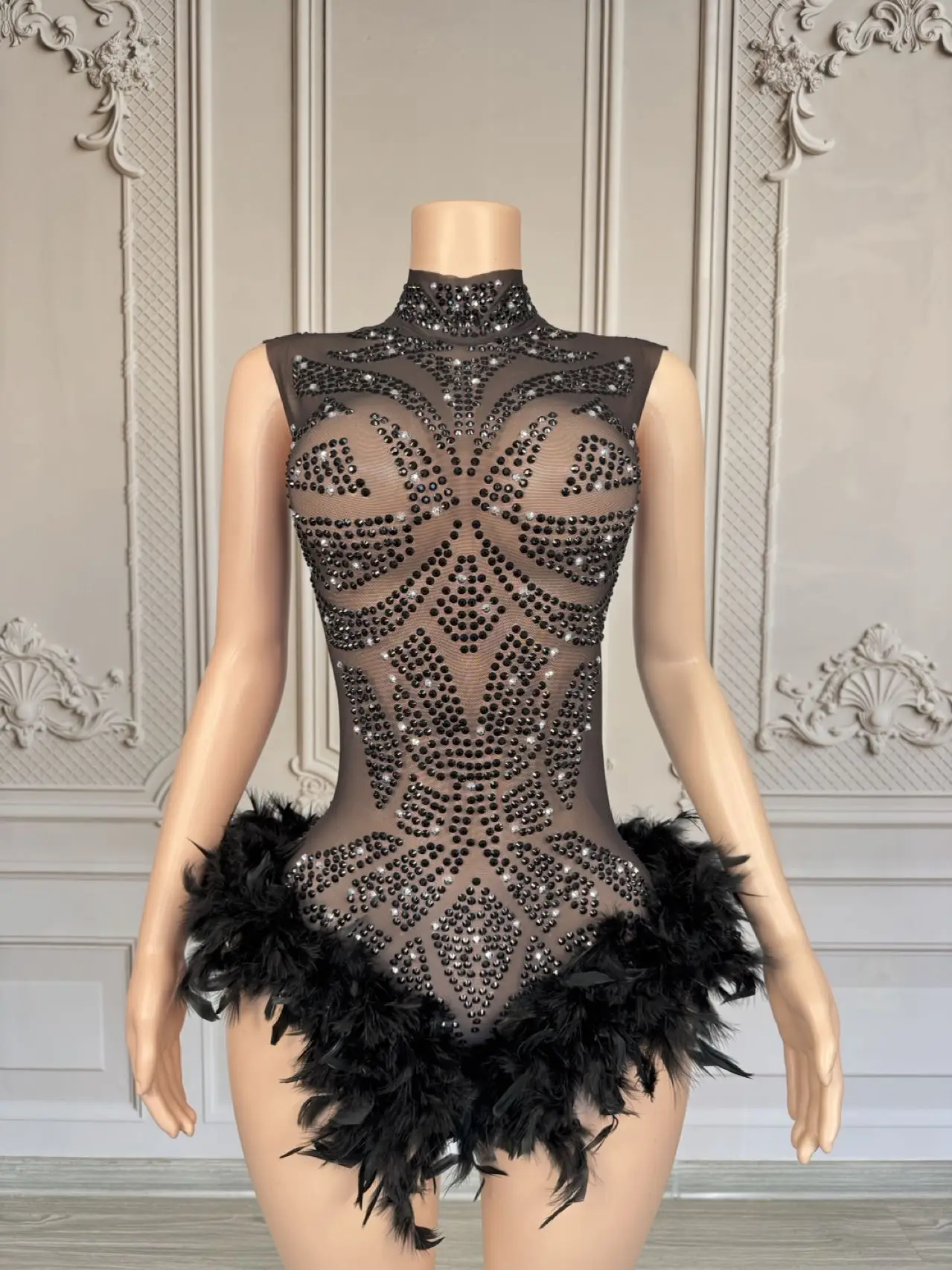 Sparkly Rhinestone Black See Through Mesh Feather Bodysuit Birthday Night Out Party Outfit Halloween Event Show Dance Wear Wuya