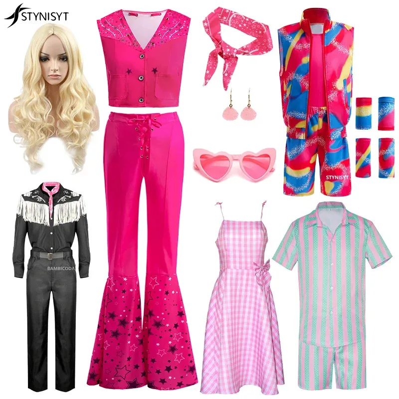 

Cowgirl Barbi Hot Movie Margot Robbie Role Play Pink Dress Girl Cowboy Look Dress Summer Sleeveless Plaid Slim Strap Dress Set