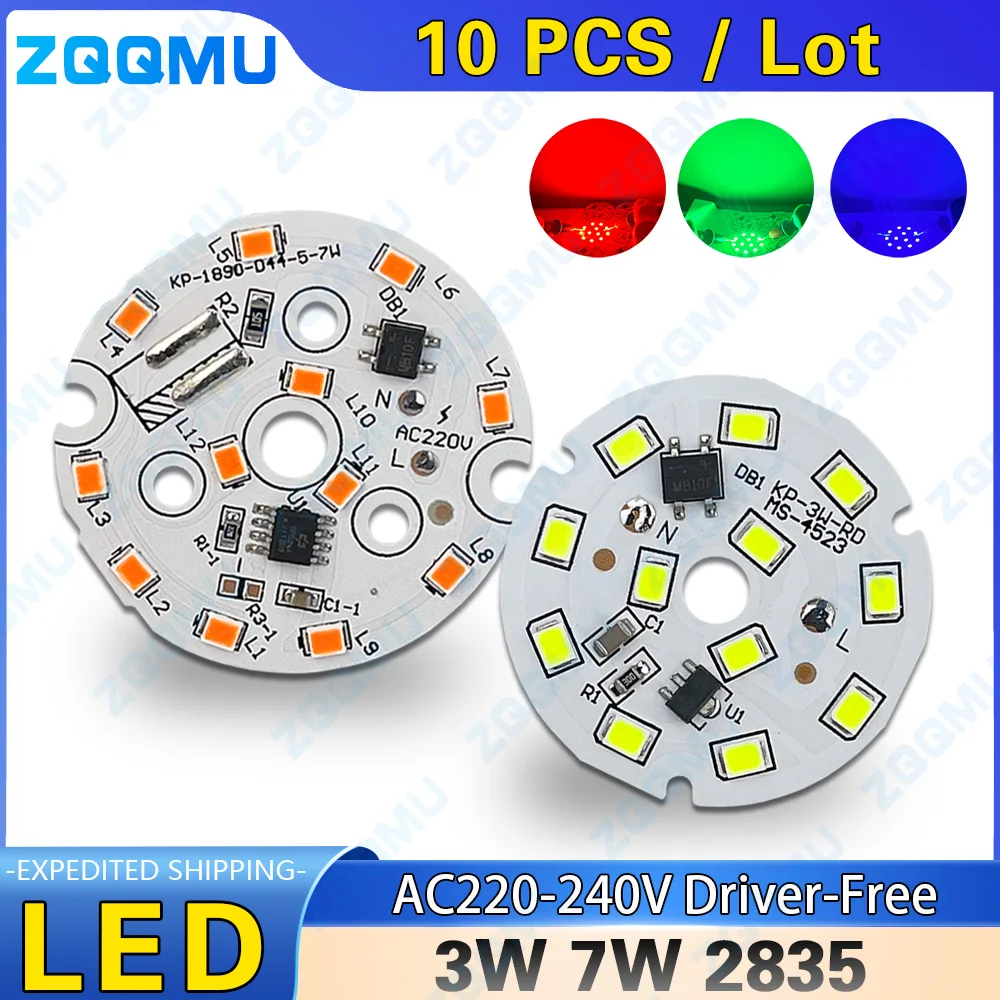 

3W 7W AC 220v LED PCB With Integrated IC Driver Red Light Blue Light Green Light Driverless Aluminum Plate Board For Bulb Light