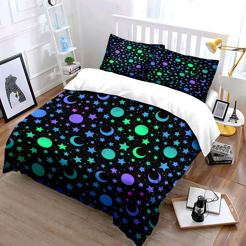 Neon Colorful Night Sky Pattern Print Bedding Set 1 Duvet Cover 2 Pillowcases for Adult and Children Luxury Gift Full Size