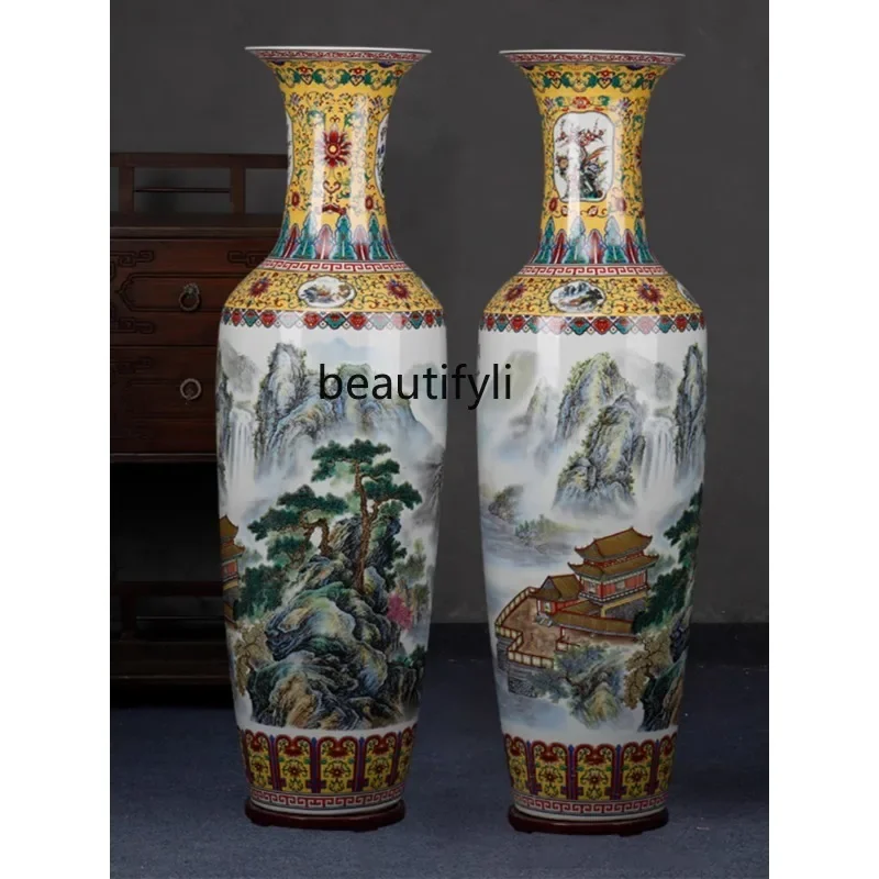 Ceramic Pastel Landscape Chinese Floor Vase Company Hotel Living Room TV Cabinet Decoration Ornaments