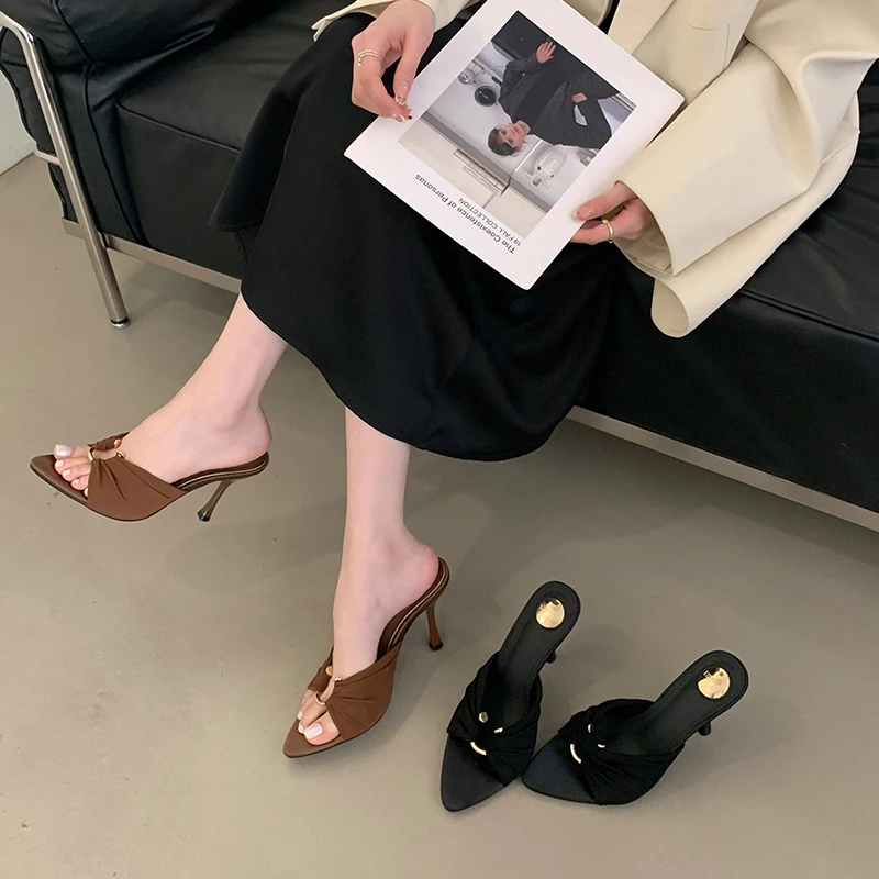 

8cm Brown Heels Woman Slippers Metals Buckle High Heels Sandals Leisure Ladies Summer Shoes Black Zapatos Stilettos Mujer