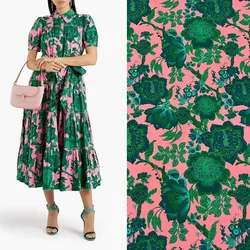 Europe And America Fashion Pink Back Green Flower Printed Cotton Fabric For Women Dress Blouse Handmade DIY Cloth Sewing