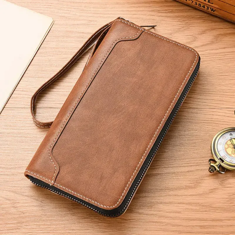Herren-Geldbörse mit langem Reißverschluss, Geldbörse mit mehreren Fächern, schlichte Lederkombination, große Handtasche mit viel Stauraum. – Detail 9