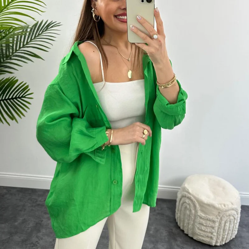 

Streetwear Women's Long Sleeve Shirt and Blouse Oversized Green Summer Casual Tops Simple Shirts Office Camisas Y Blusas