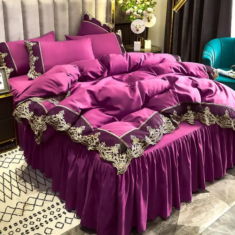 High quality bed skirt pillowcase solid lace design hotel home bedding set