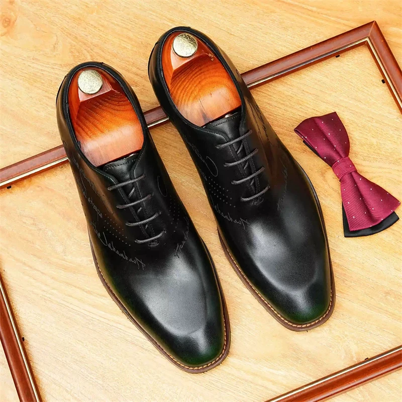 

Lace Up Leather Brogues Men's Genuine Leather Square Toe Formal Business Shoes Carving Event Charm Wedding Footwear Handmade