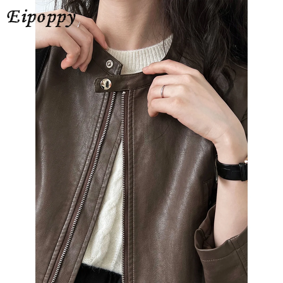 Casaco de couro curto com zíper vintage com gola, roupas para motocicletas, jaqueta