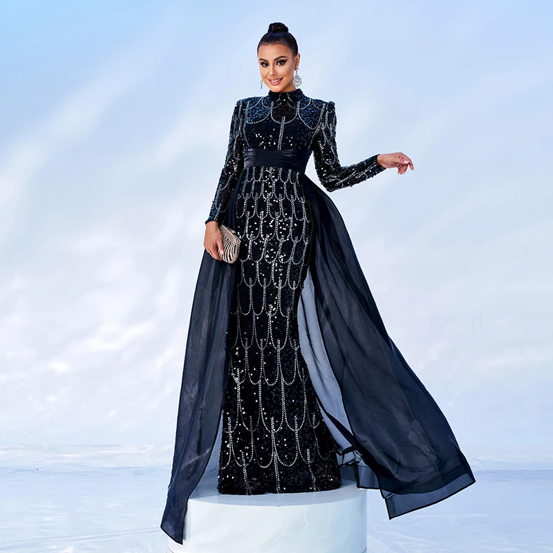 Women Luxury Party Dresses Long Sleeve O Neck Black Sequined Formal Occasion Evening Cocktail Prom Mermaid Dress