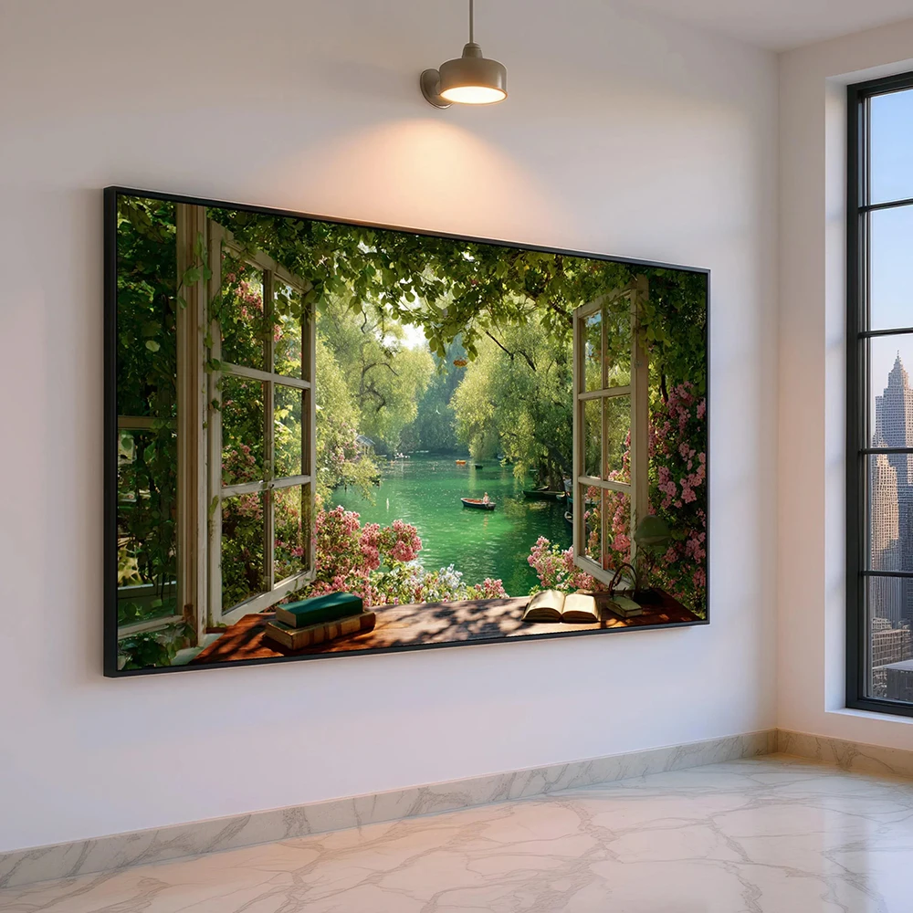 Vue sur lac paisible à travers une fenêtre ouverte sur toile, art mural de jardin fleuri, paysage naturel paisible, décoration intérieure sereine, sans cadre