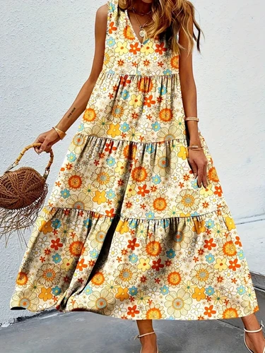 Imagen 2 del producto NOVEDAD DE VERANO 2025, vestidos con estampado de tirantes finos y cuello en V para mujer, vestidos con volantes acampanados, lo mejor para el verano