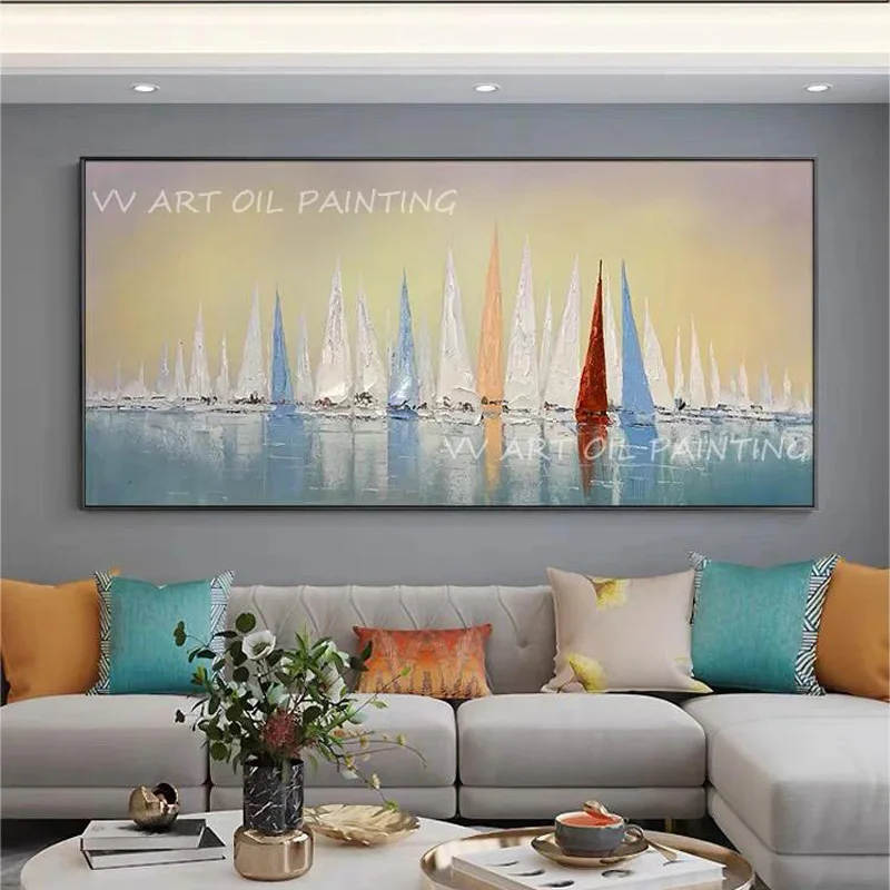 

Sailing Fleet Sailing At Sea Canvas Art Decor White Blue Red Yellow Sail Boat Oil Painting Hand Painted Modern Ocean View Art