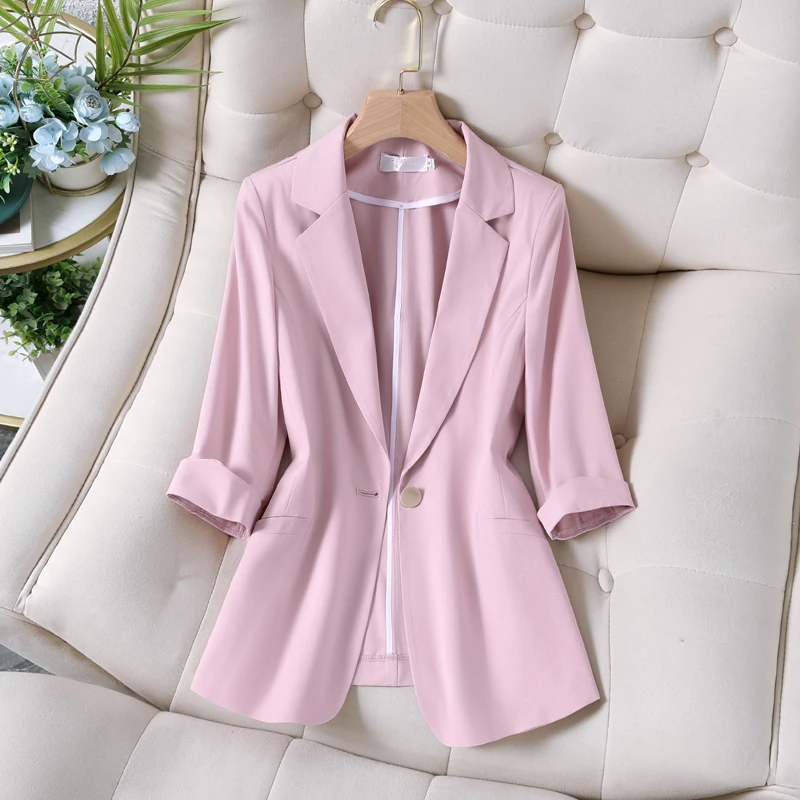 

Pink Casual Sle Seven-Quarter Sve Slim Fit Women's Suit Jaet Versatile Spring Summer New Arrival Commute Sle Polyest...