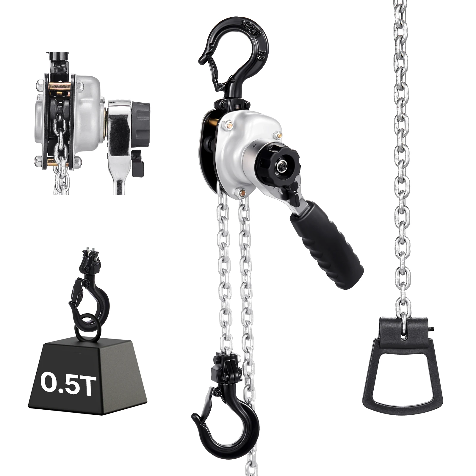 SucceBuy 0,5T/0,25T Manueller Hebelkettenzug 5/10/20 FT Hubhöhe G80 Legierungsstahlkette mit Doppelklemm-Mechanikbremse für Lager