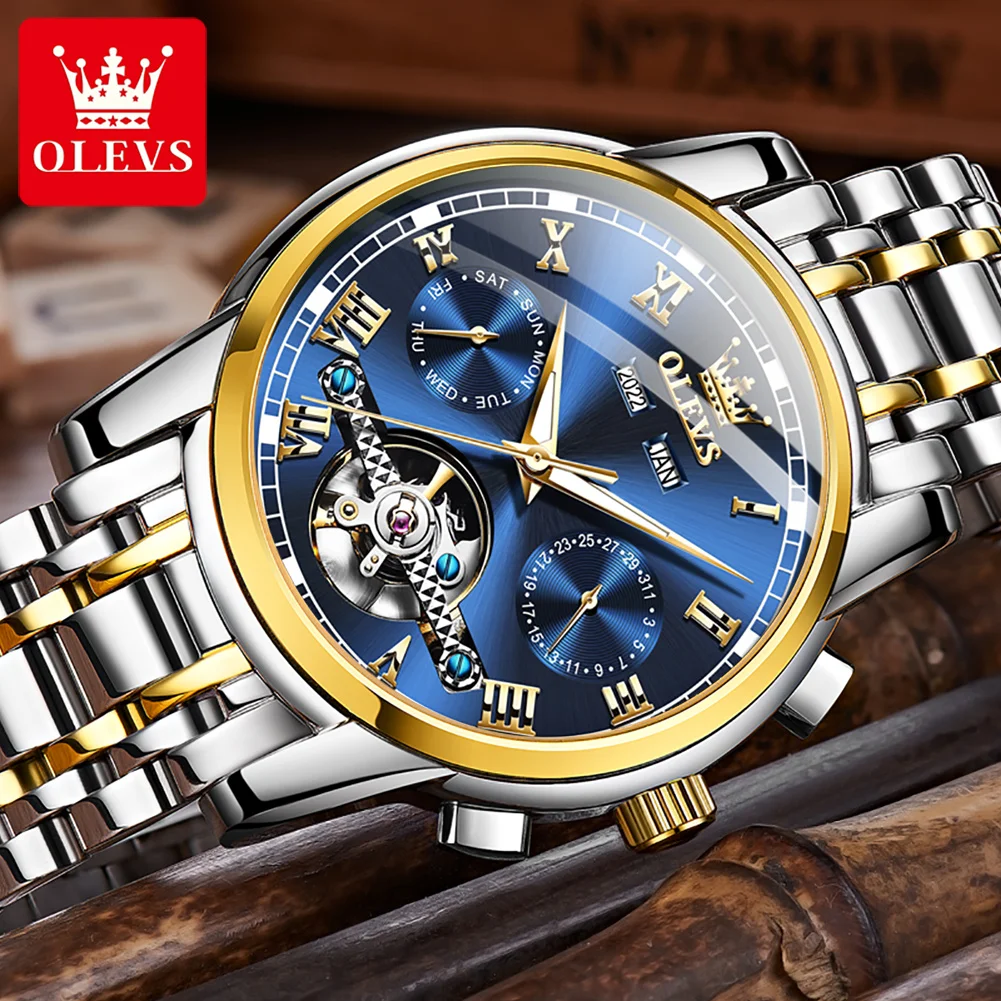 OLEVS Men\'s Watch Business Multi functional Waterproof Calendar Classic Watch Luxury Automatic Mechanical Skeleton Men\'s Watch