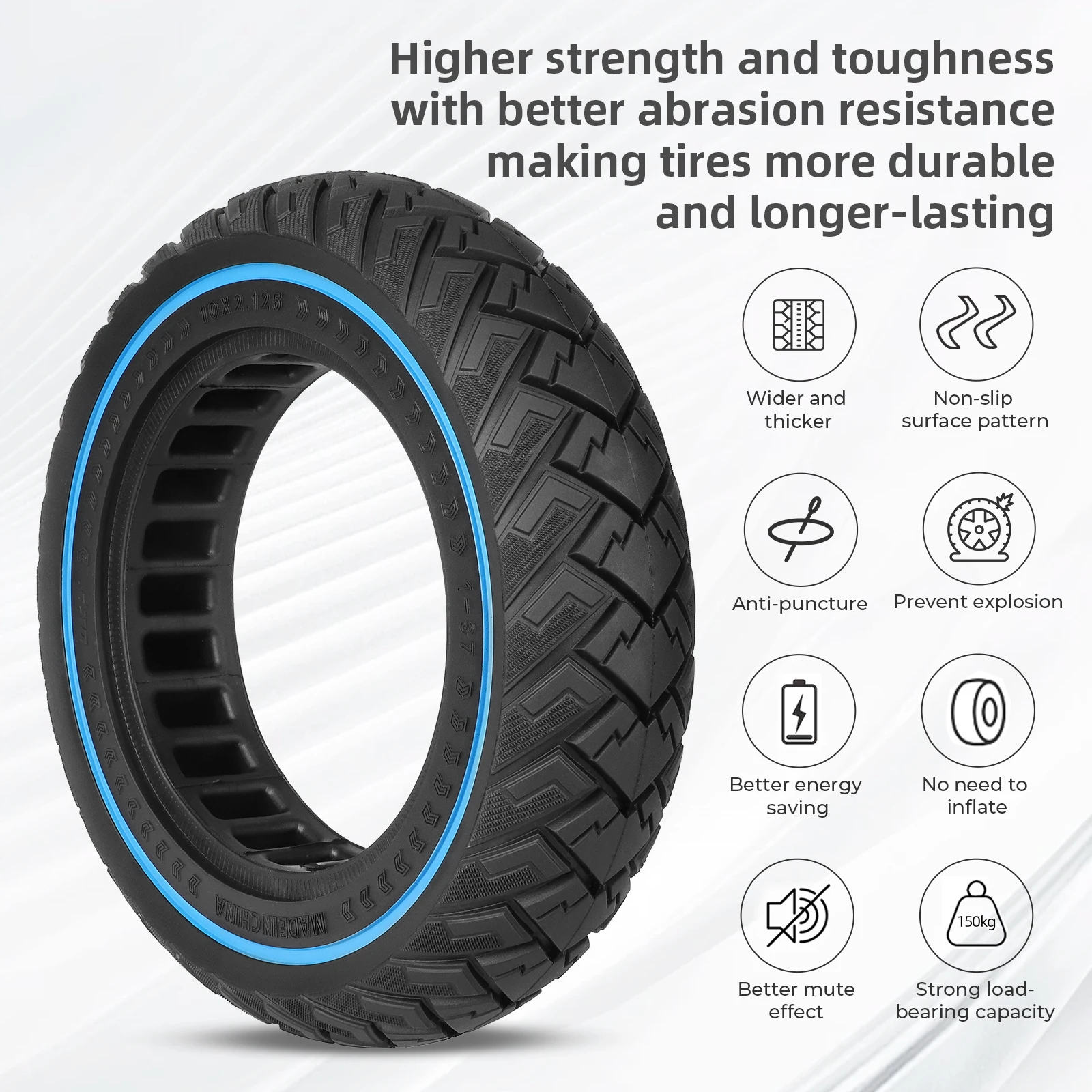 إطار صلب 10 بوصة، إطار بدون أنبوب مقاوم للثقب 10 × 2.125 لدراجات Gotrax G4/V2، Aovopro ES80، Isinwheel S9 Pro الكهربائية