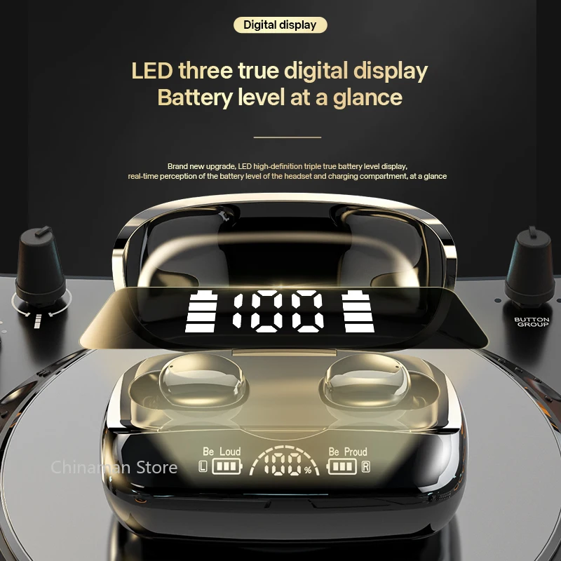 Auriculares TWS inalámbricos Bluetooth 5,2, auriculares estéreo para juegos, auriculares deportivos impermeables con pantalla LED cotrol táctil