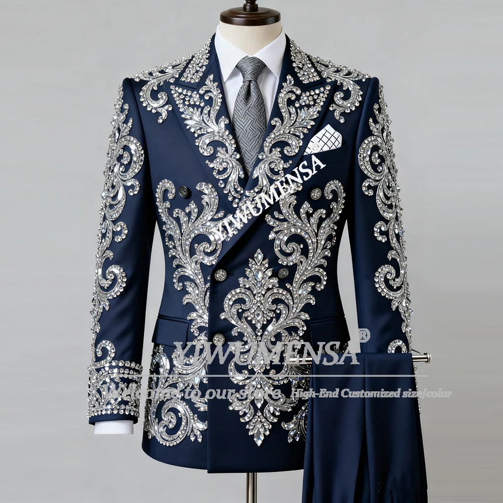 Strass kralen bruidegom trouwpak dubbele rij knopen jas broek 2-delige set heren smoking op maat trajes para hombre luxe