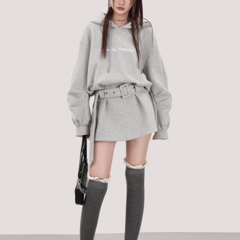 Woman 90s Aesthetic Spicy Girl Streetwear Gray Sweatshirt Hoodies Dress Autumn/Winter Belt Design Female Slim Chic Korea Style