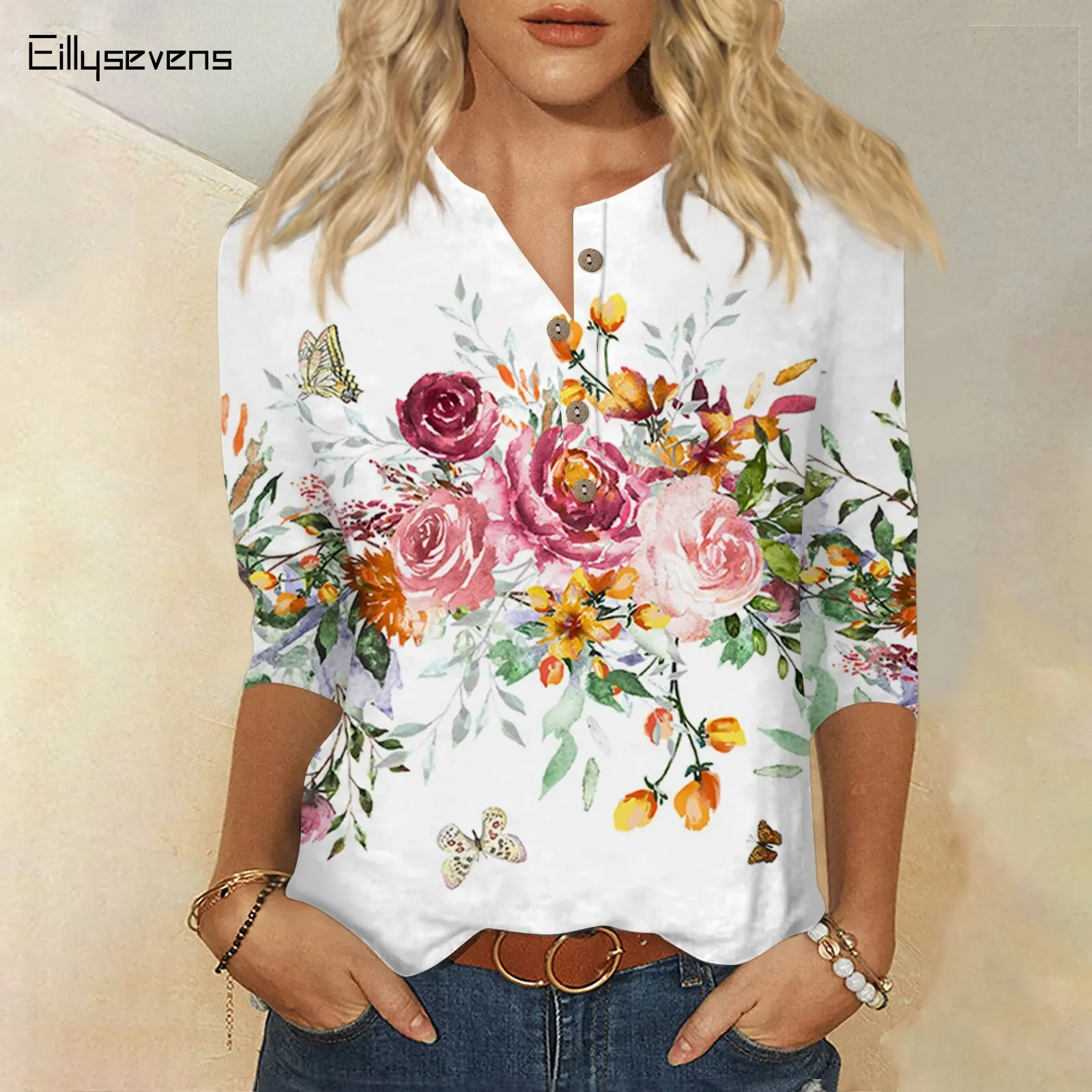 T Shirt For Women Fashion 3/4 Sleeve Top Floral Print Shirts Blouses Female Summer Auttumn Clothes For Women 2024