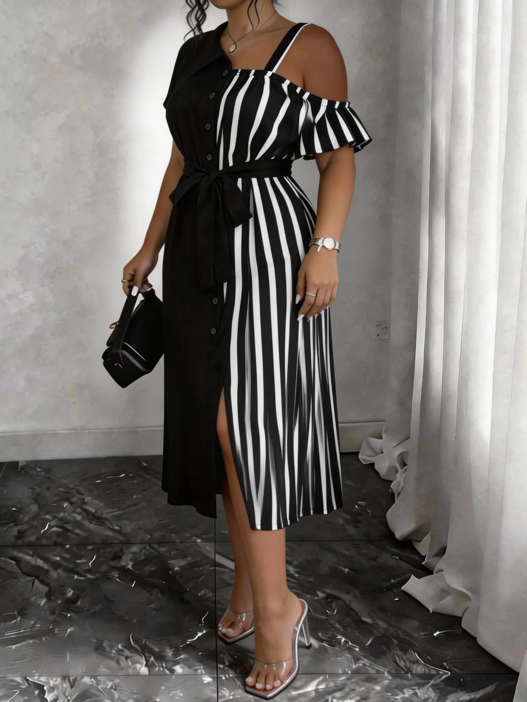 

plus Size Women's Short Sleeve Dress Elegant Fashion Striped Design New Arrival