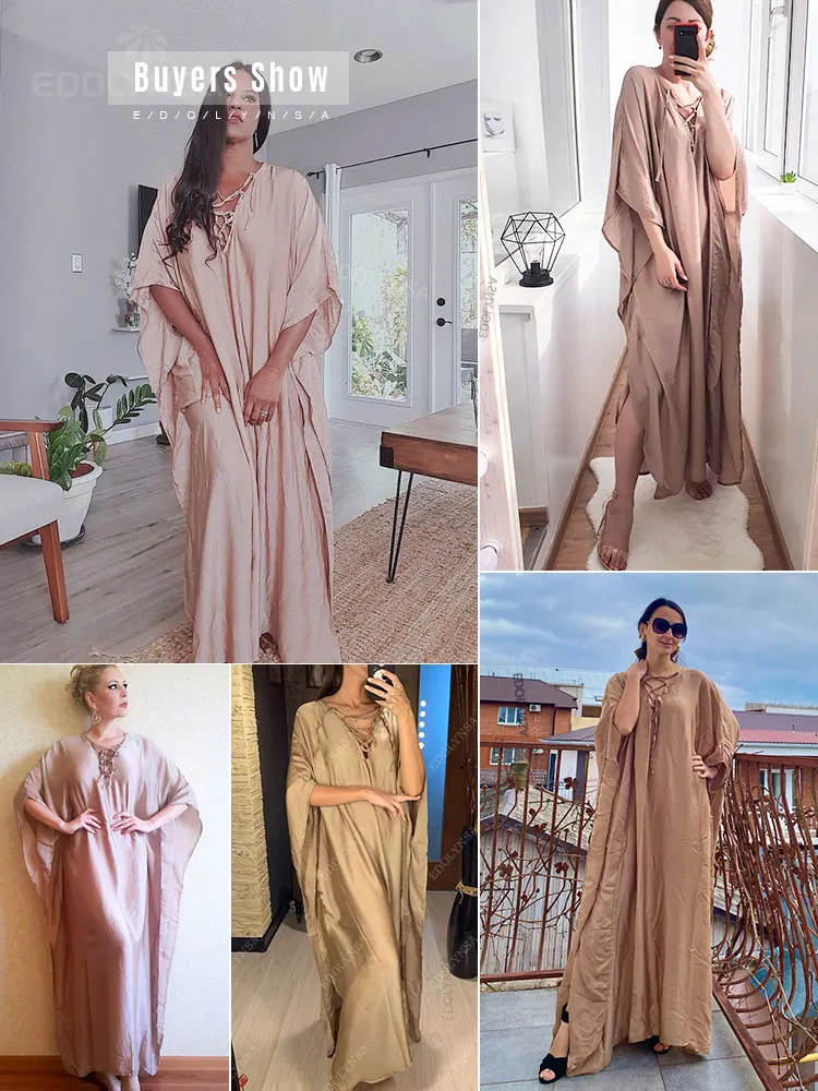 2024 Summer Champagne Gold Sexy V Neck Lacing Up Plunging Batwing Sleeve Plus Size Beach Dress Women Beachwear Maxi Dresses Q877