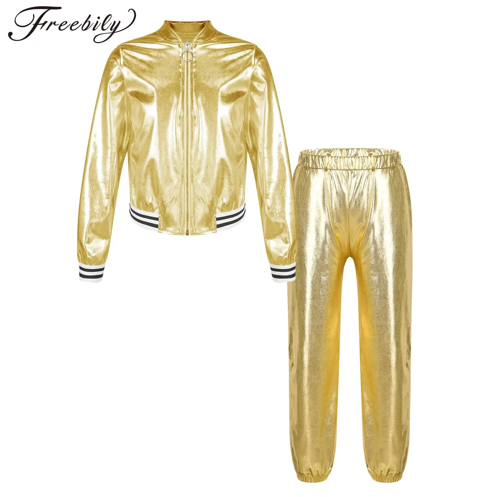 Kids Girls Modern Jazz Hip-hop Dance Costume Street Dancing Performance Outfits Sparkle Metallic Zipper Jacket with Harem Pants